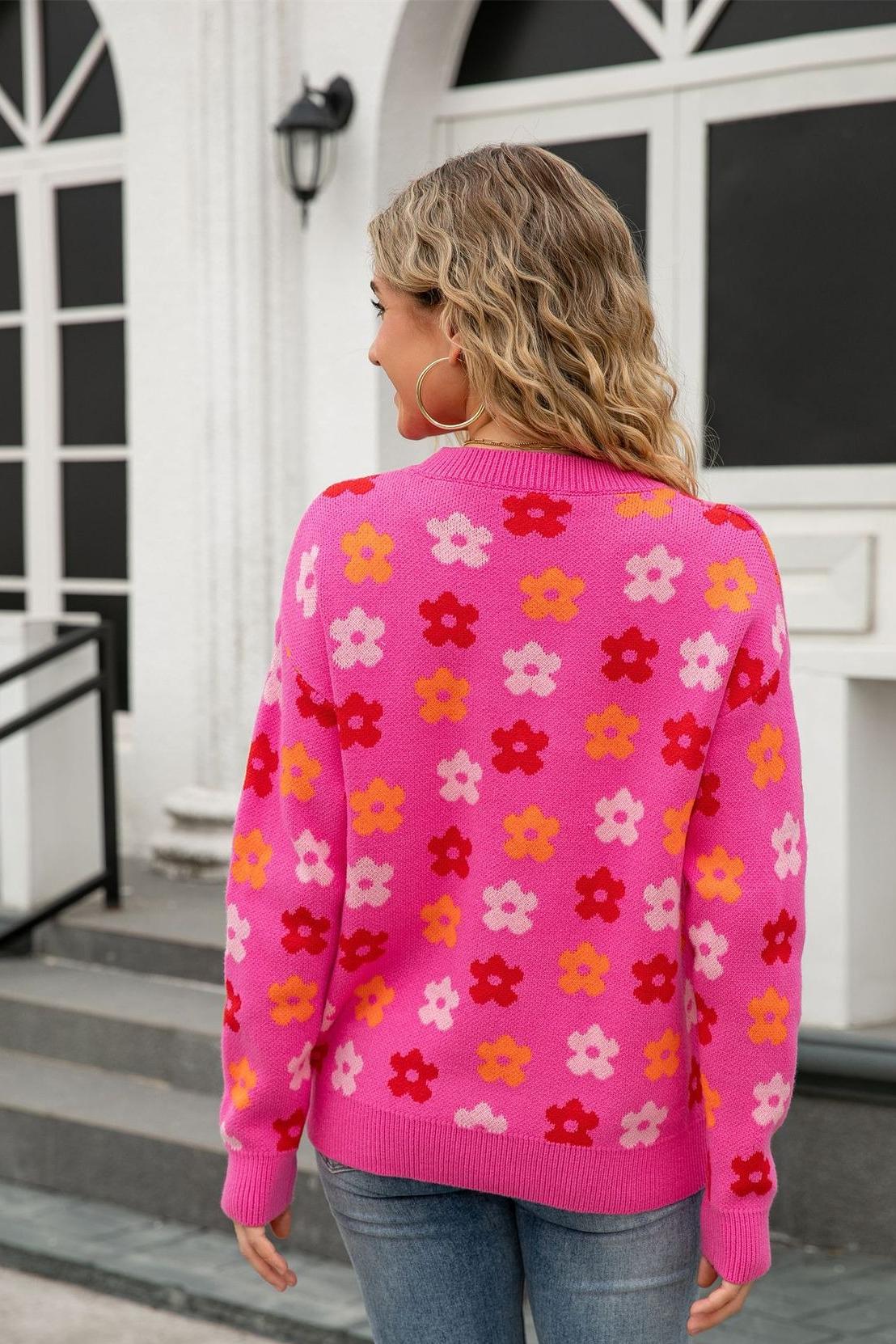 Retro Floral Print Pullover Sweater – Cozy Fall Knit