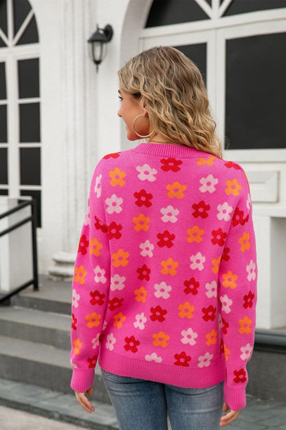 Retro Floral Print Pullover Sweater – Cozy Fall Knit