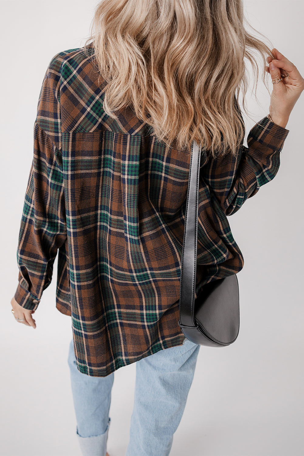 Brown Plaid Button-Down Shacket with Chest Pockets