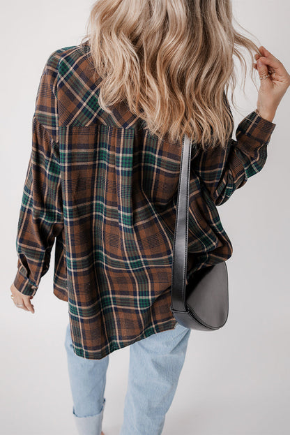 Brown Plaid Button-Down Shacket with Chest Pockets