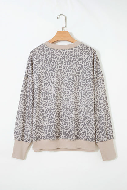 Leopard Print Long Sleeve Crew Neck Casual Sweatshirt