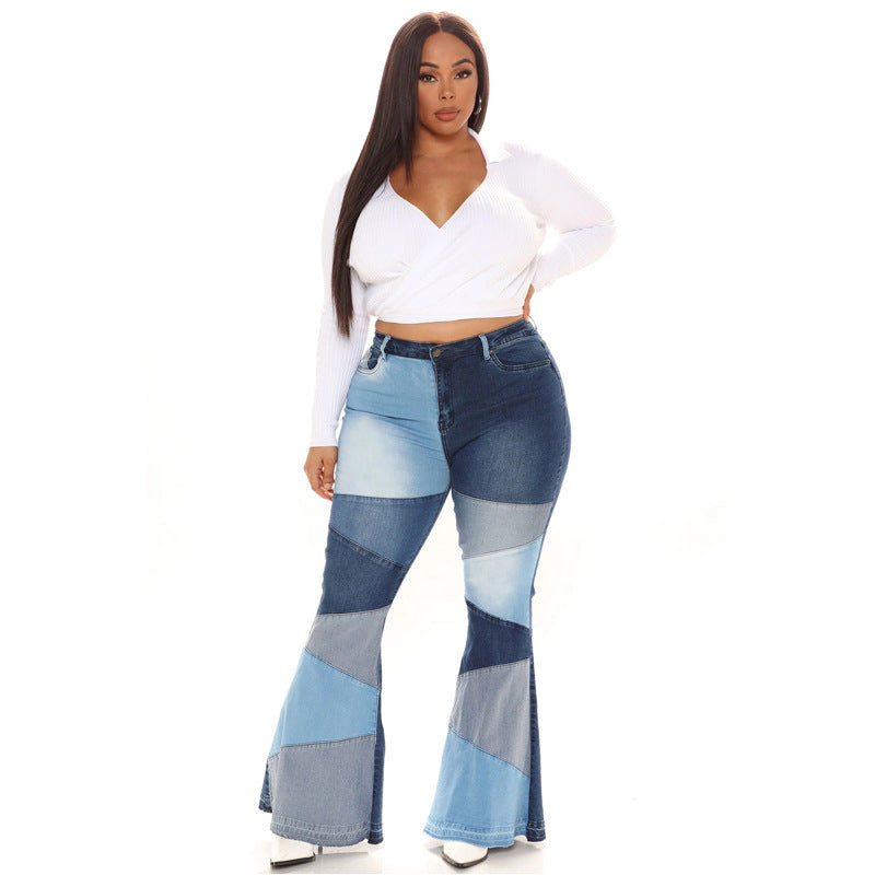 Women Patchwork Flare Jeans Bell Bottom Raw Hem Denim High Waist Multi-Tone Color Block Plus Size Pants