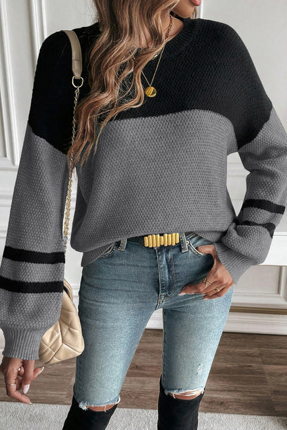 Parchment Color Block Knit Striped Sleeve Detail Casual Sweater