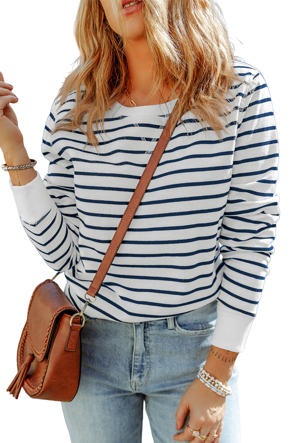 Red Striped Print Ribbed Trim Long Sleeve Top