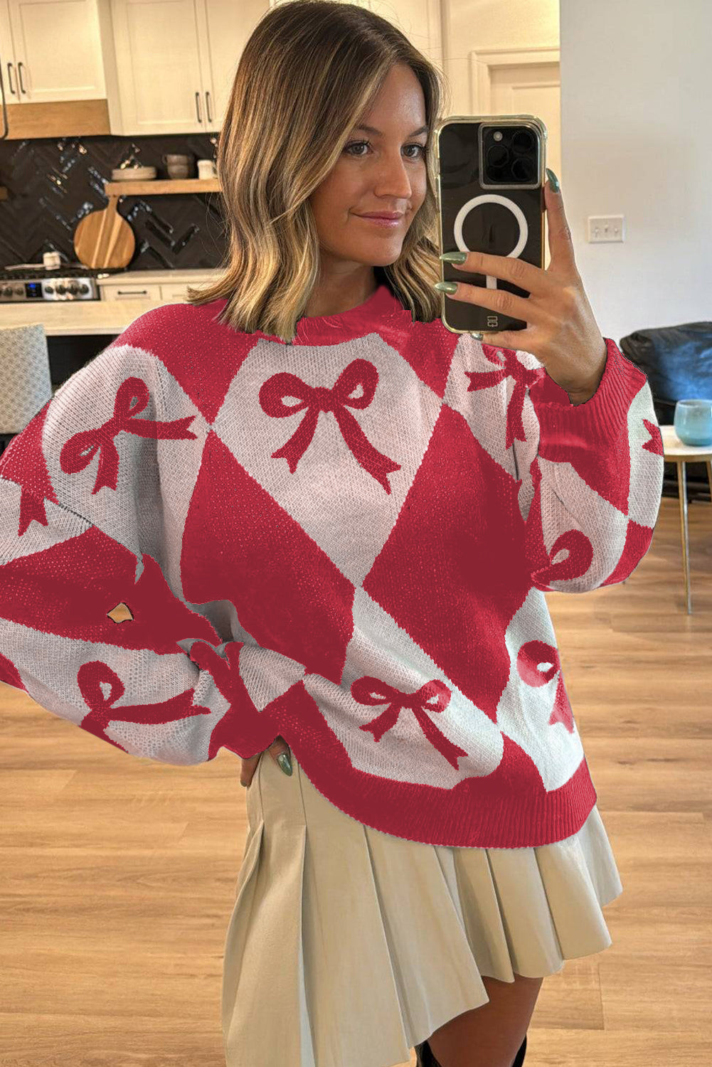 Valentine Black Bow Argyle Oversized Knit Sweater