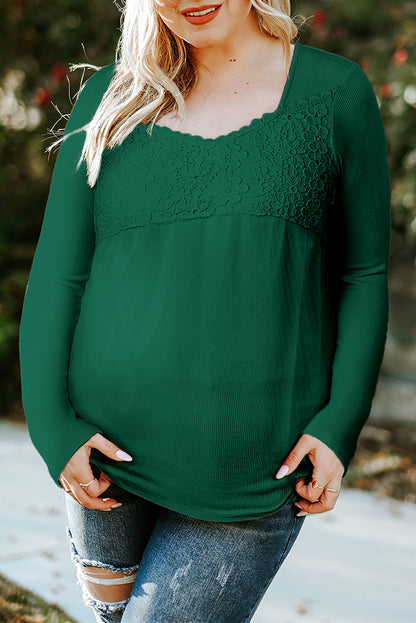 Black Lace Crochet V Neck Long Sleeve Top