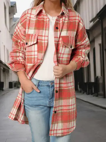 Plaid Long Sleeve Shacket with Flap Pockets