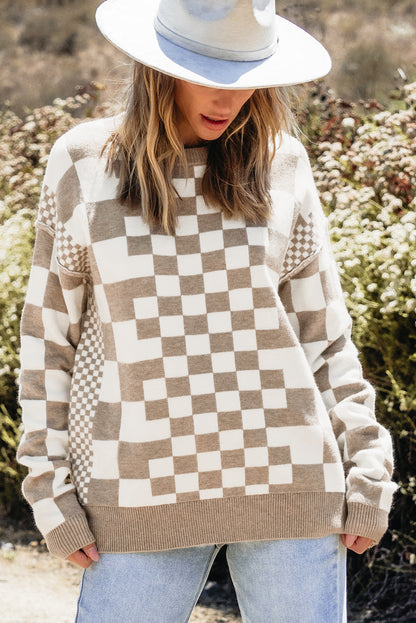 Brown Checkered Print Drop Shoulder Round Neck Sweater