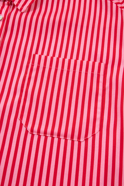 Red Stripe Tie Front Button Up Long Sleeve Casual Shirt