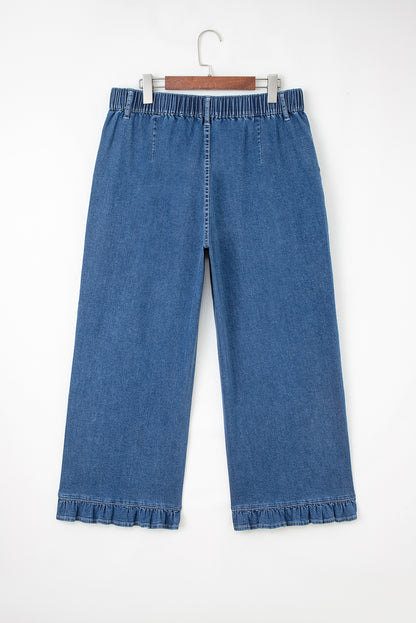 Sail Blue Plus Size Elastic Waist Ruffle Hem Jeans