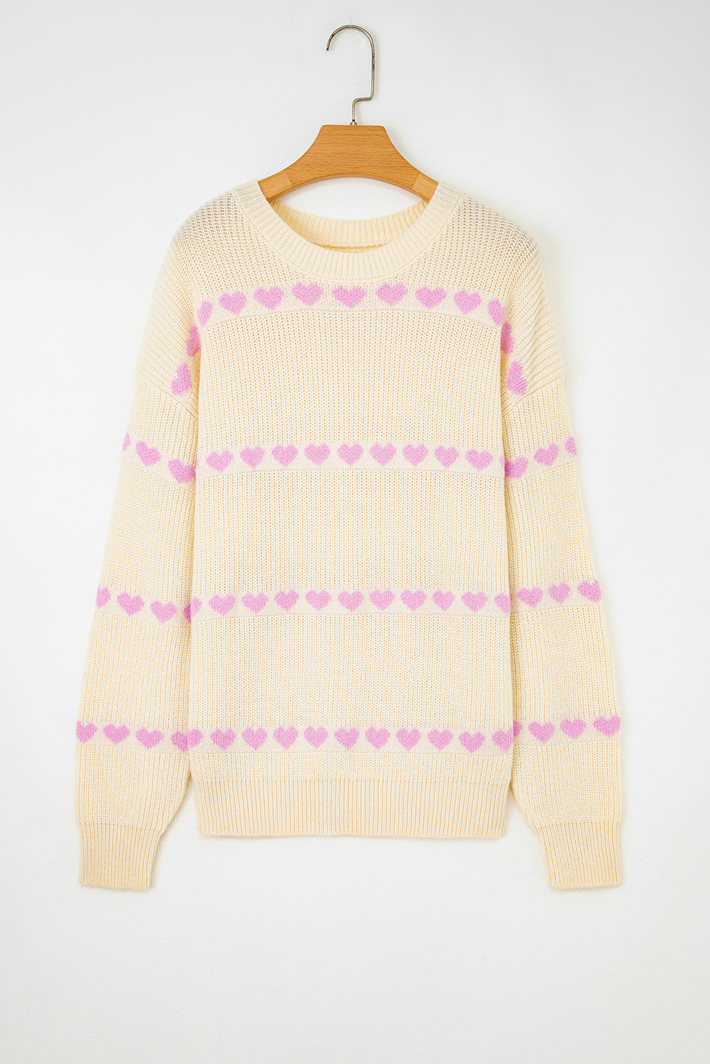 Cream Ribbed Knit Sweater with Pink Heart Pattern Valentine Top
