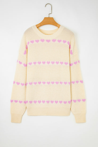 Cream Ribbed Knit Sweater with Pink Heart Pattern Valentine Top