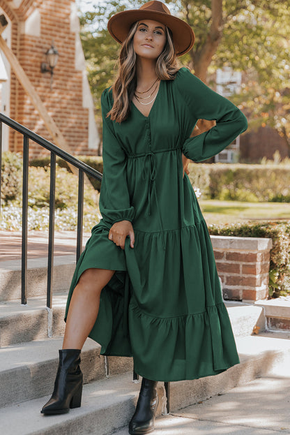 Chestnut Solid Long Sleeve Button V Neck Tiered Maxi Dress