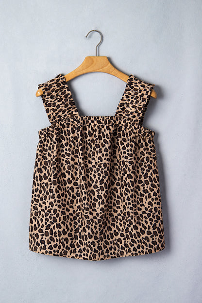 Leopard Print Ruffle Strap Tank Top Loose Babydoll