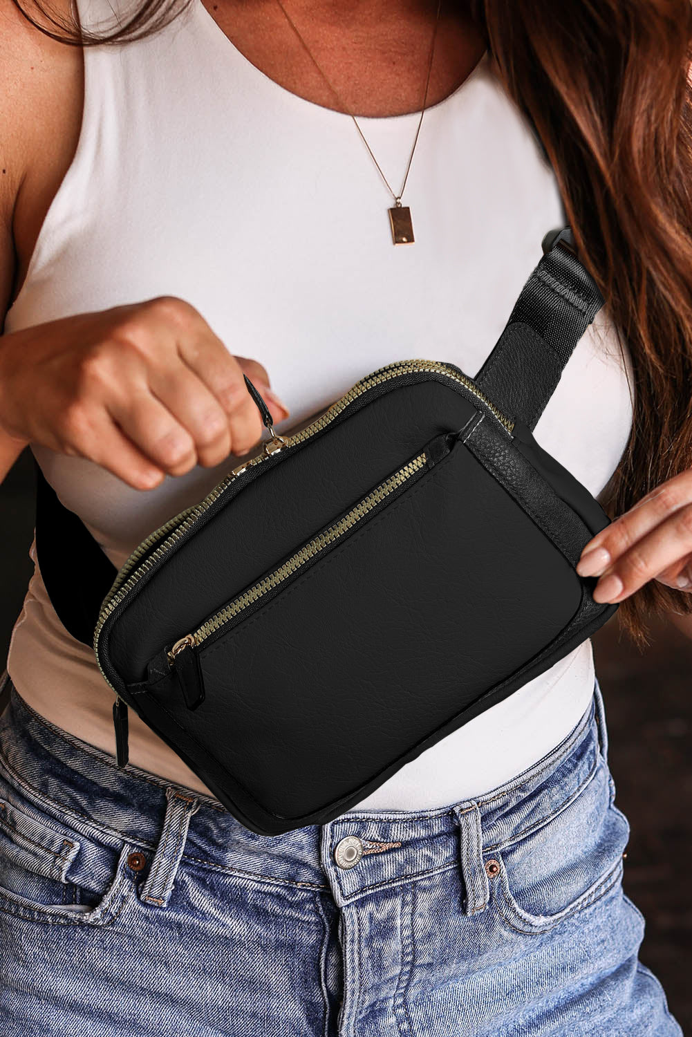 Black PU Leather Mini Crossbody Sling Bag Adjustable Strap