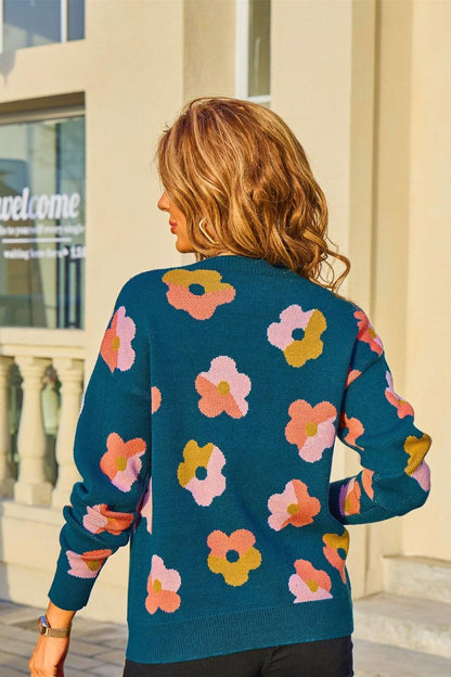 Retro Floral Print Sweater – Colorblock Knit Pullover
