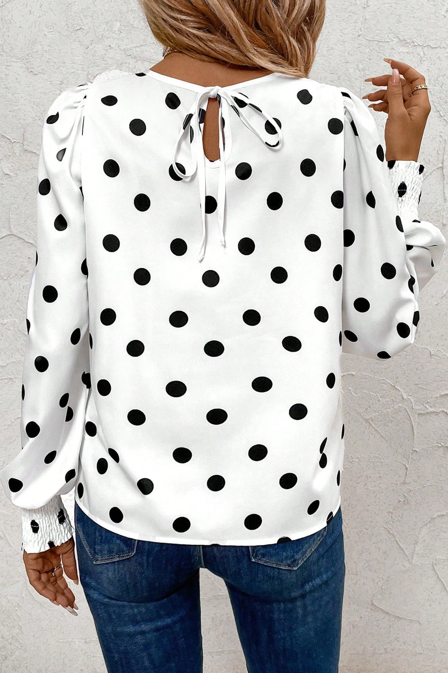 White Polka Dot Blouse Smocked Cuff Puff Sleeve Top