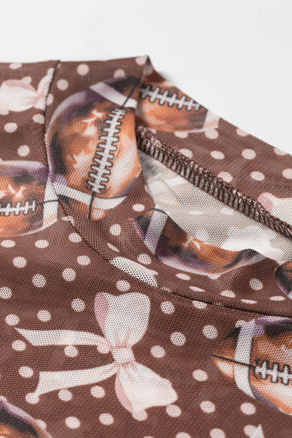 Brown Game Day Football Bow Polka Dot Mesh Long Sleeve Top