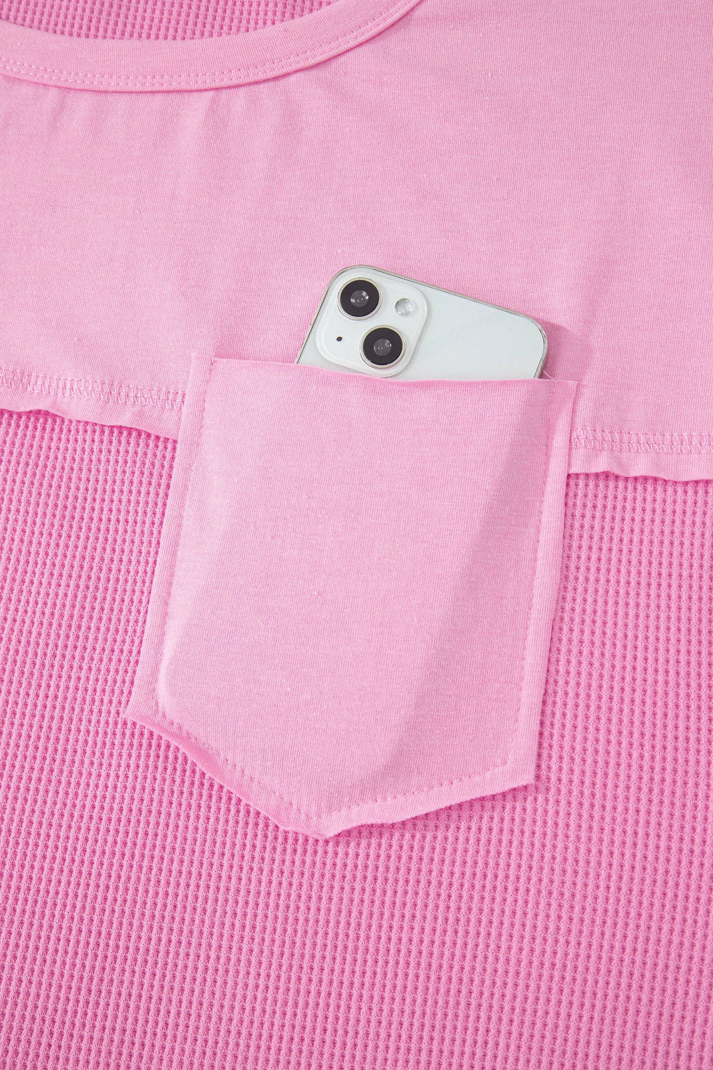 Waffle Knit Patchwork Pocket Loose Fit Casual T Shirt