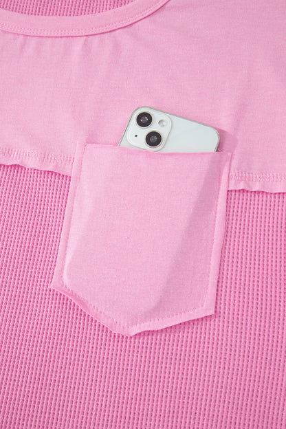 Waffle Knit Patchwork Pocket Loose Fit Casual T Shirt