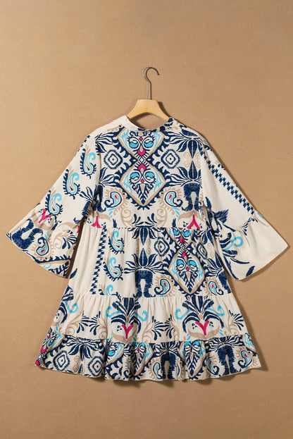 Boho Print Tiered Button Front Bell Sleeve Mini Dress