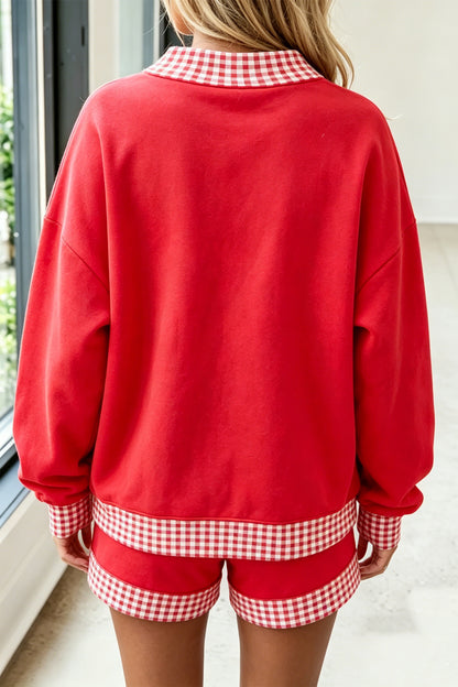 Red Gingham Trim Sweatshirt Shorts Two Piece Set