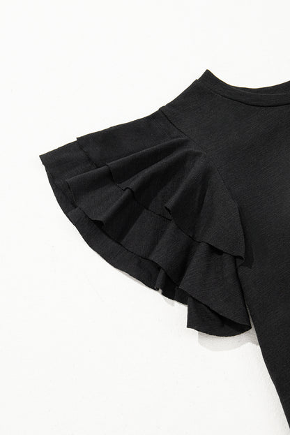 Dark Grey Ruffle Sleeve Casual Tee Boutique Summer Top