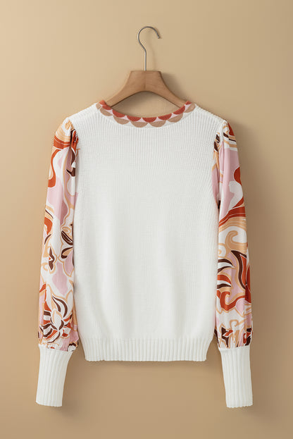 White Floral Patch Bishop Sleeve Sweater