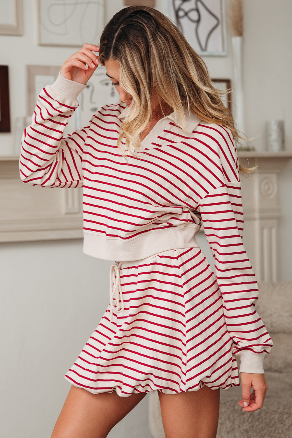 Red Stripe Collared Cropped Top & Bubble Skirt Set