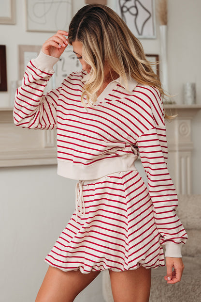 Red Stripe Collared Cropped Top & Bubble Skirt Set