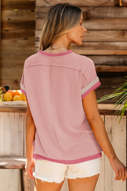 Bright Pink Textured Contrast Trim Round Neck T Shirt