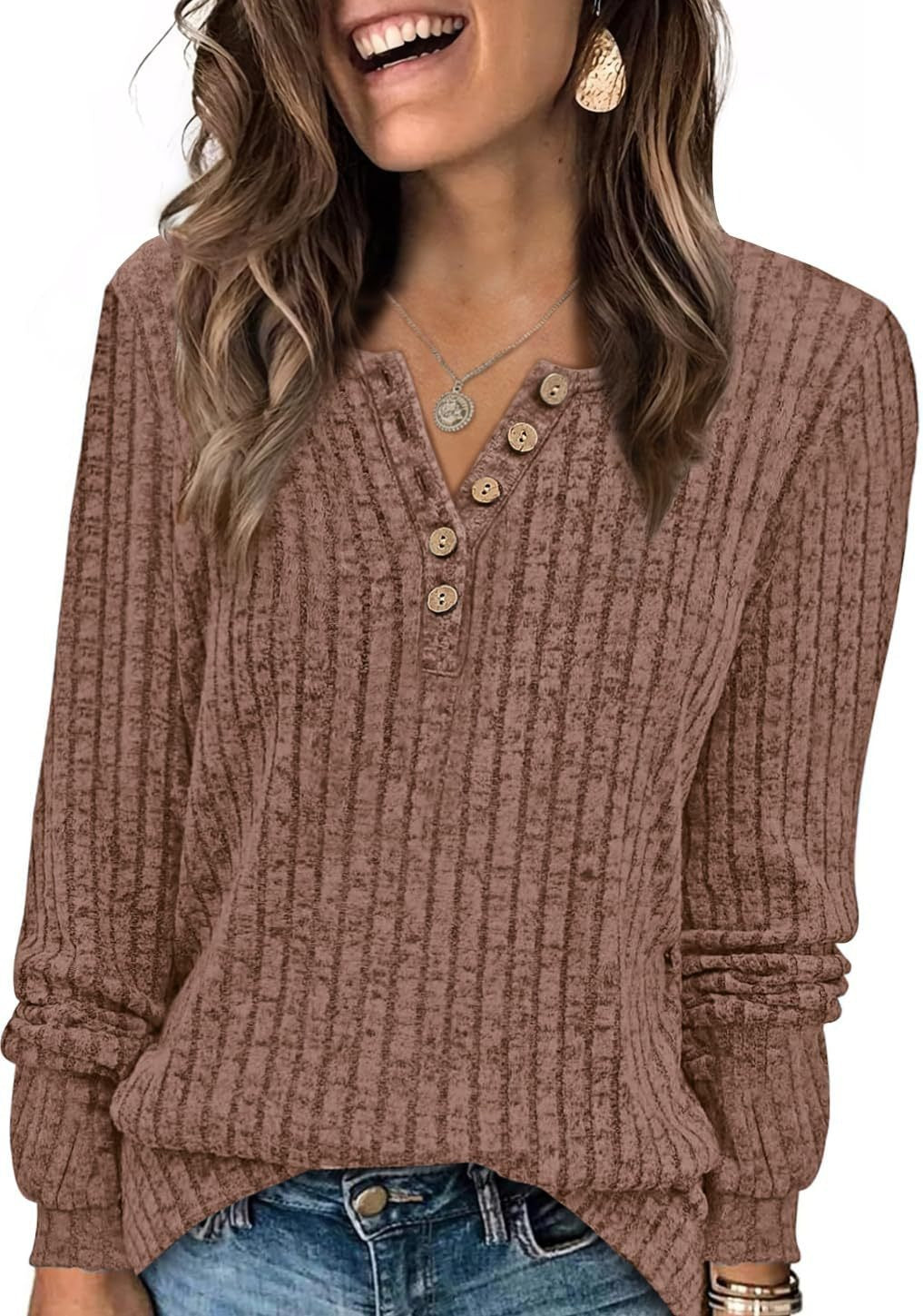 Ribbed V-Neck Button Knit Long Sleeve Pullover