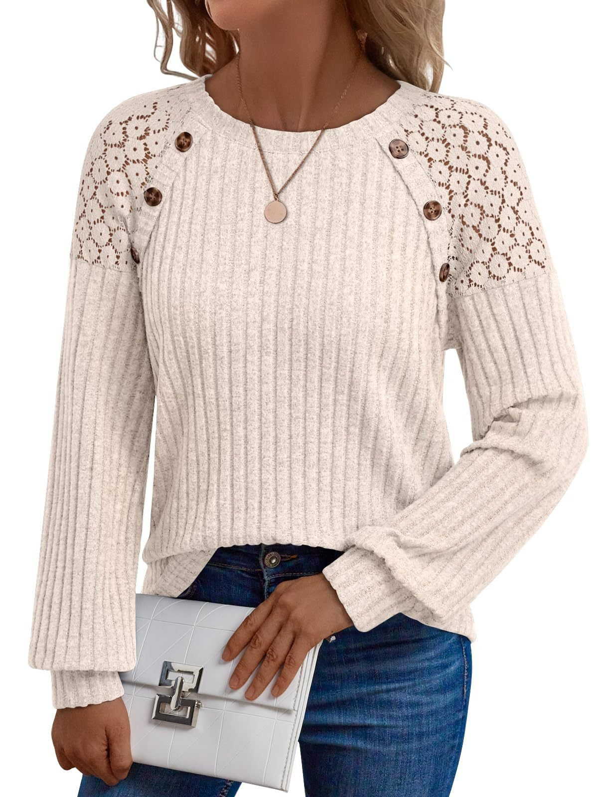 Solid Ribbed Knit Button Pullover with Lace & Buttons