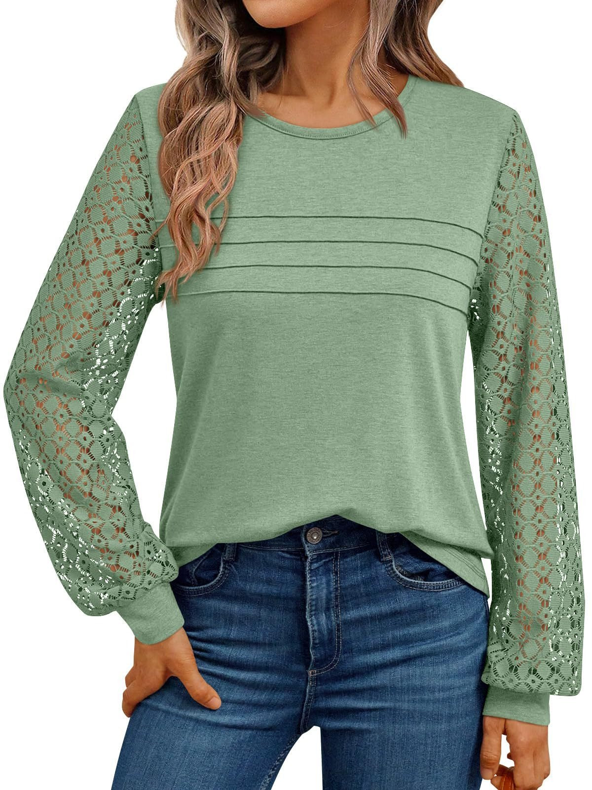 Lace Sleeve Patchwork Knit Pullover Top for Women