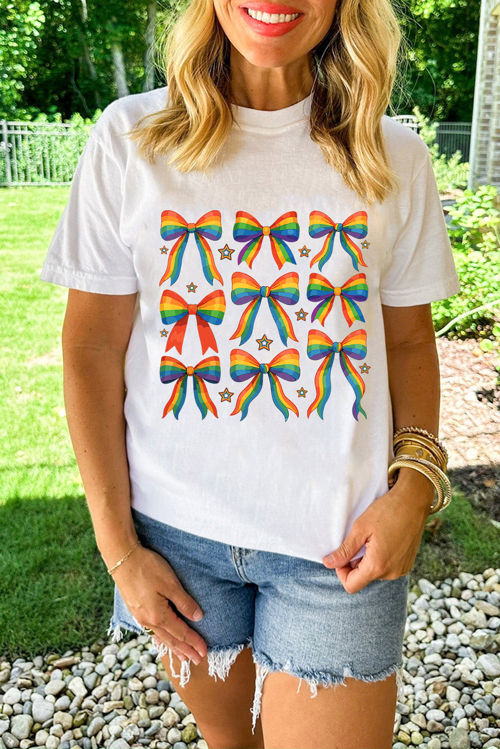 Rainbow Bow Graphic Pride Cotton Blend Casual Tee