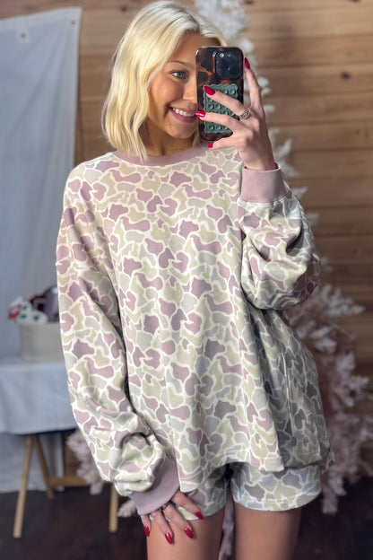 Green Camouflage Waffle Knit Long Sleeve Top Casual Shorts Set