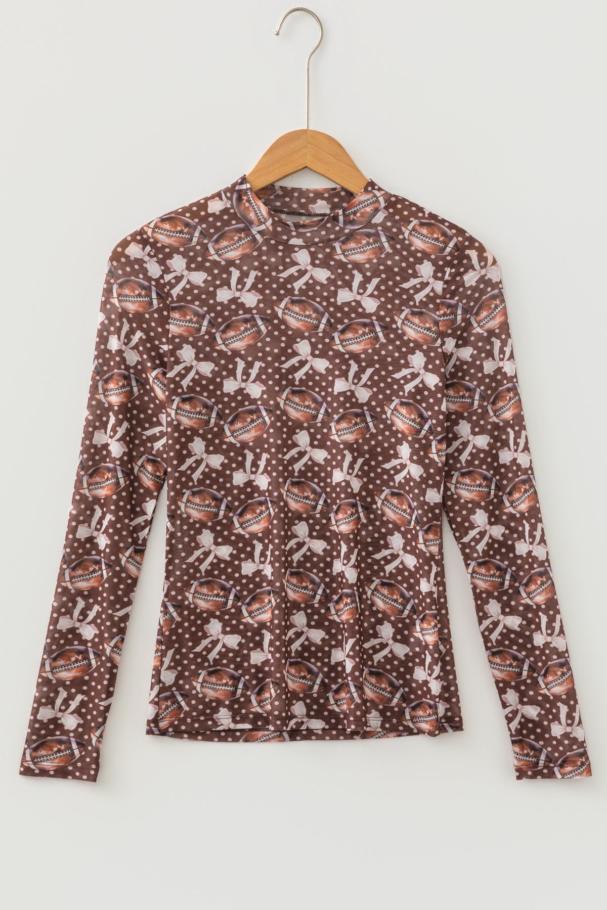 Brown Game Day Football Bow Polka Dot Mesh Long Sleeve Top