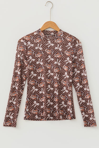 Brown Game Day Football Bow Polka Dot Mesh Long Sleeve Top