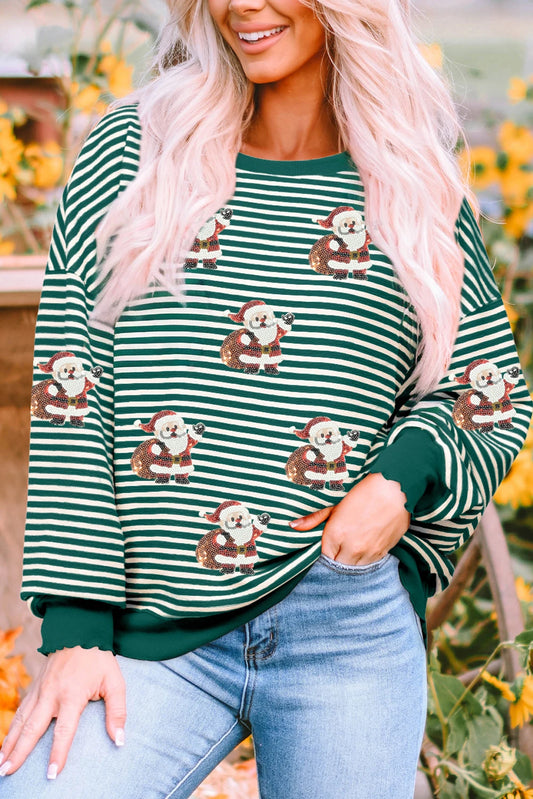 Green Stripe Santa Claus Delivering Gifts Sequin Graphic Long Sleeve Top