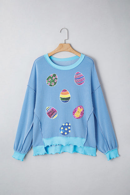 Myosotis Sequin Easter Egg Ribbed Long Sleeve Casual Top