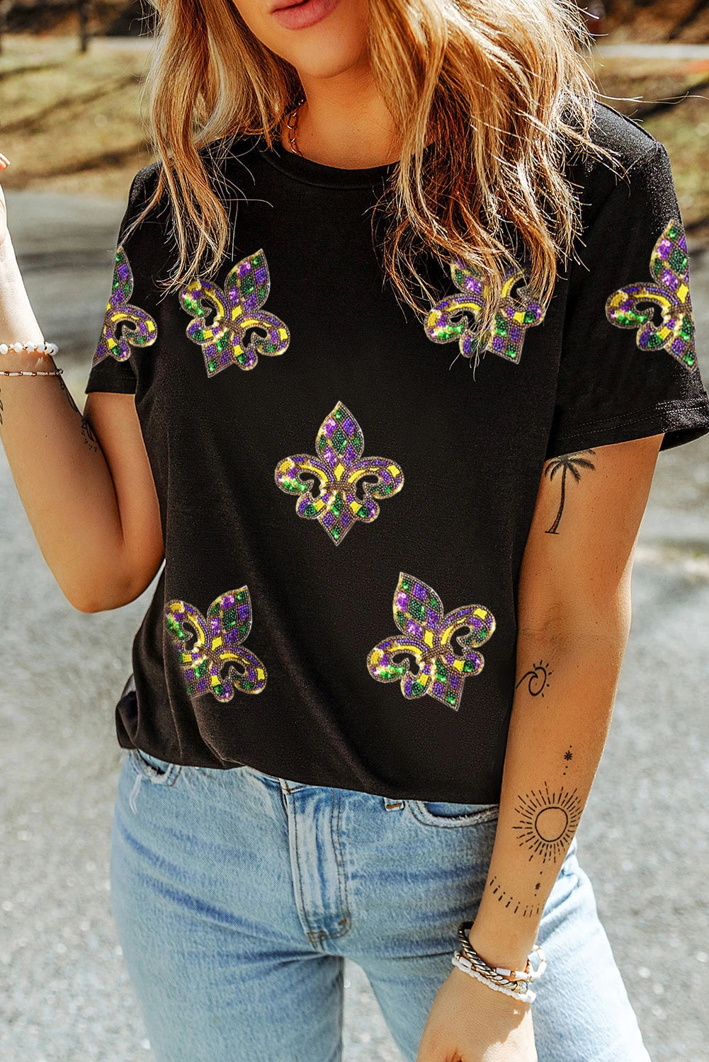 Black Mardi Gras Sequin Fleur De Lis Graphic T-Shirt