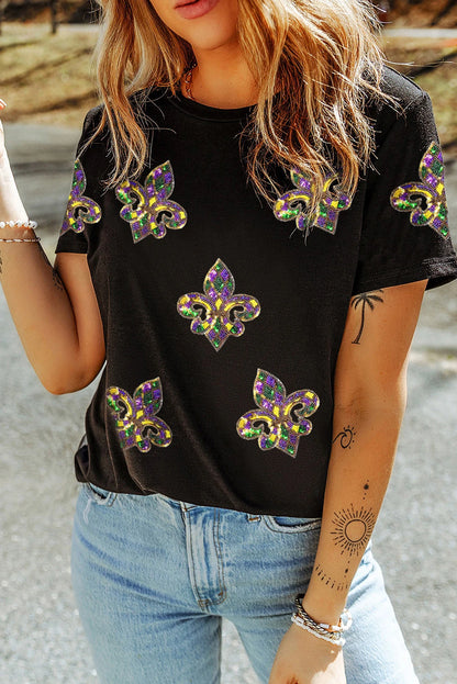 Black Mardi Gras Sequin Fleur De Lis Graphic T-Shirt