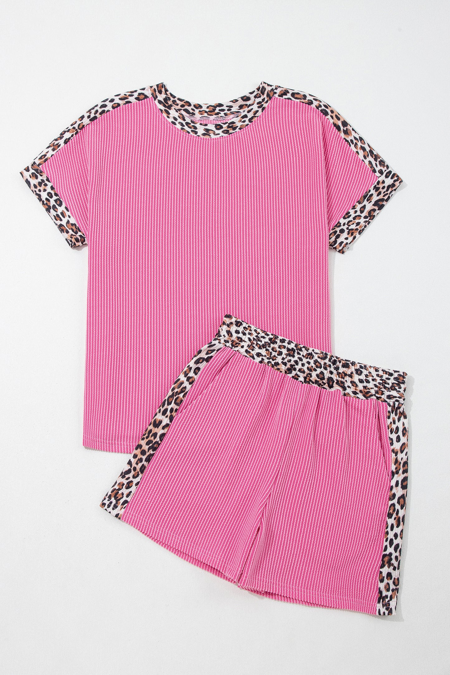 Leopard Trim Ribbed Short Sleeve Top and Shorts Set