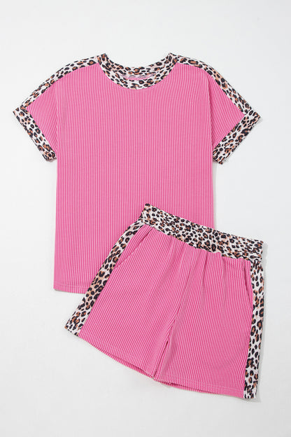 Leopard Trim Ribbed Short Sleeve Top and Shorts Set