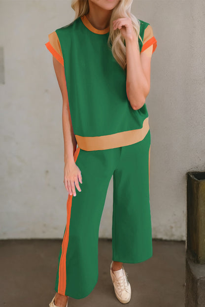 Navy Color Block Lounge Set Wide Leg Pants 2 Piece