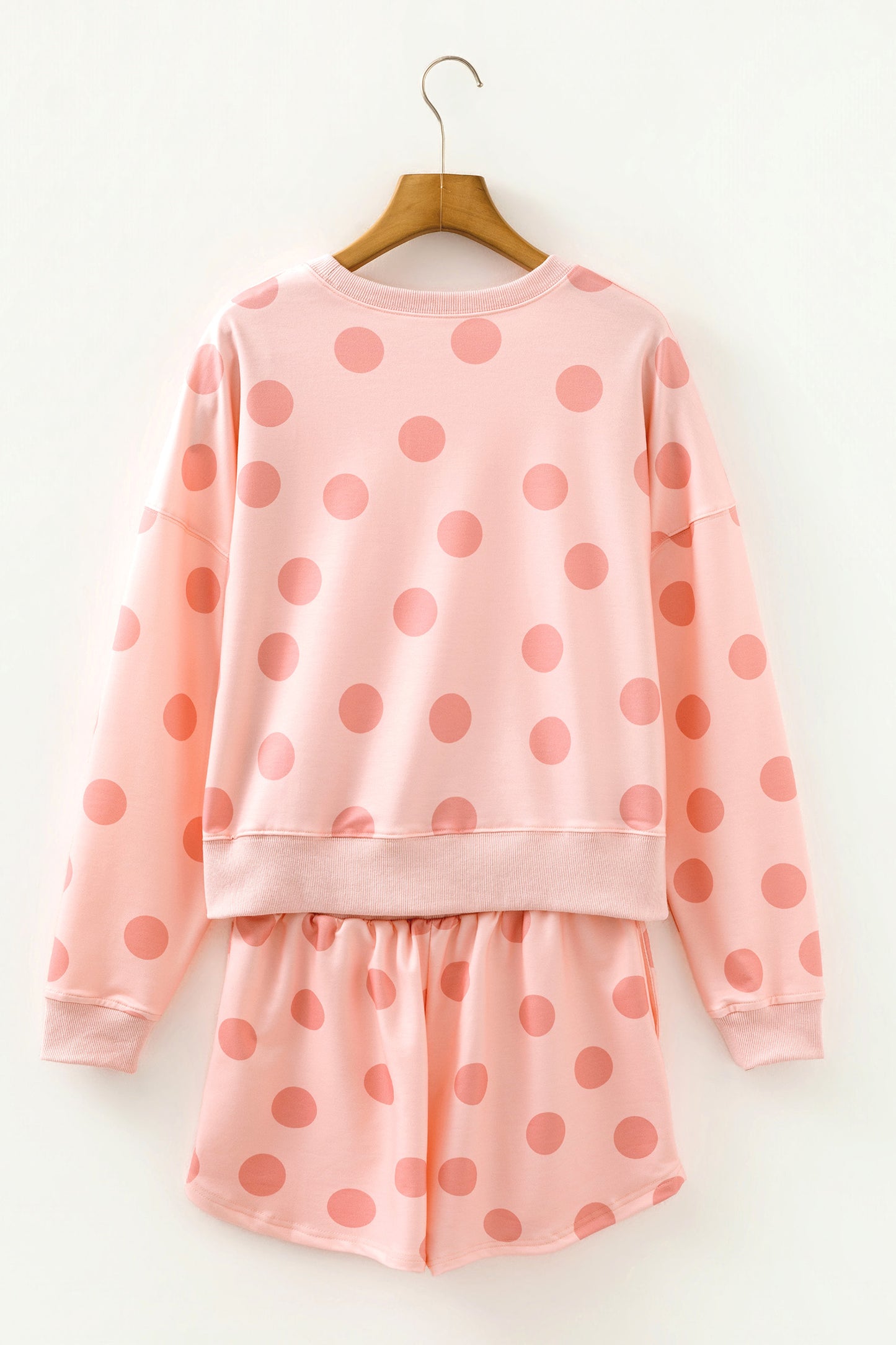 Pink Polka Dot Drop Shoulder Pullover Shorts Set