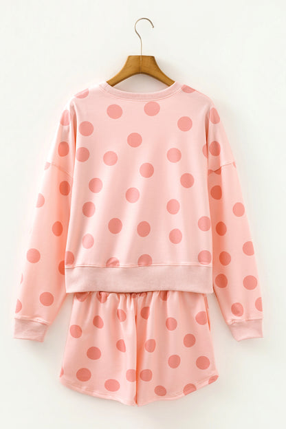 Pink Polka Dot Drop Shoulder Pullover Shorts Set