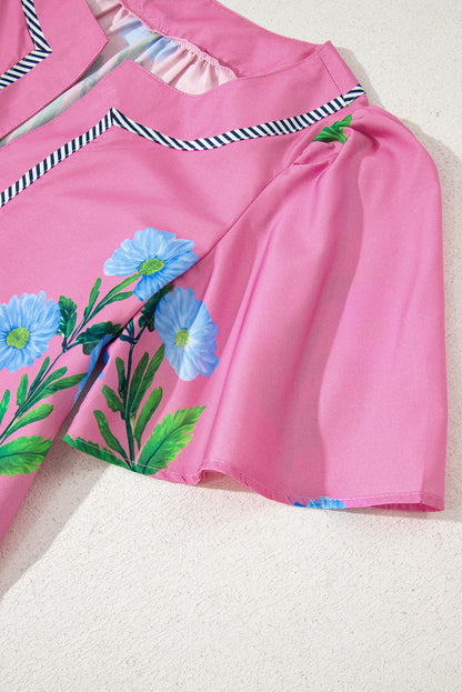 Easter Floral Split Neck Short Sleeve Mini Dress