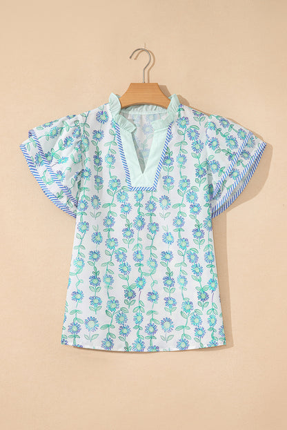 Blue Floral V Neck Short Sleeve Blouse Summer Top