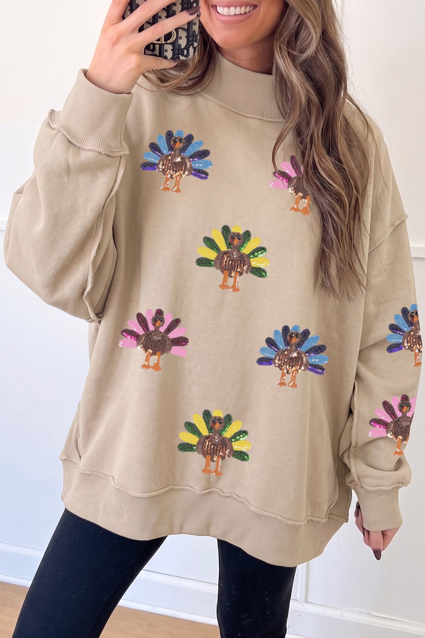 Apricot Sequin Turkey Thanksgiving Graphic Sweatshirt